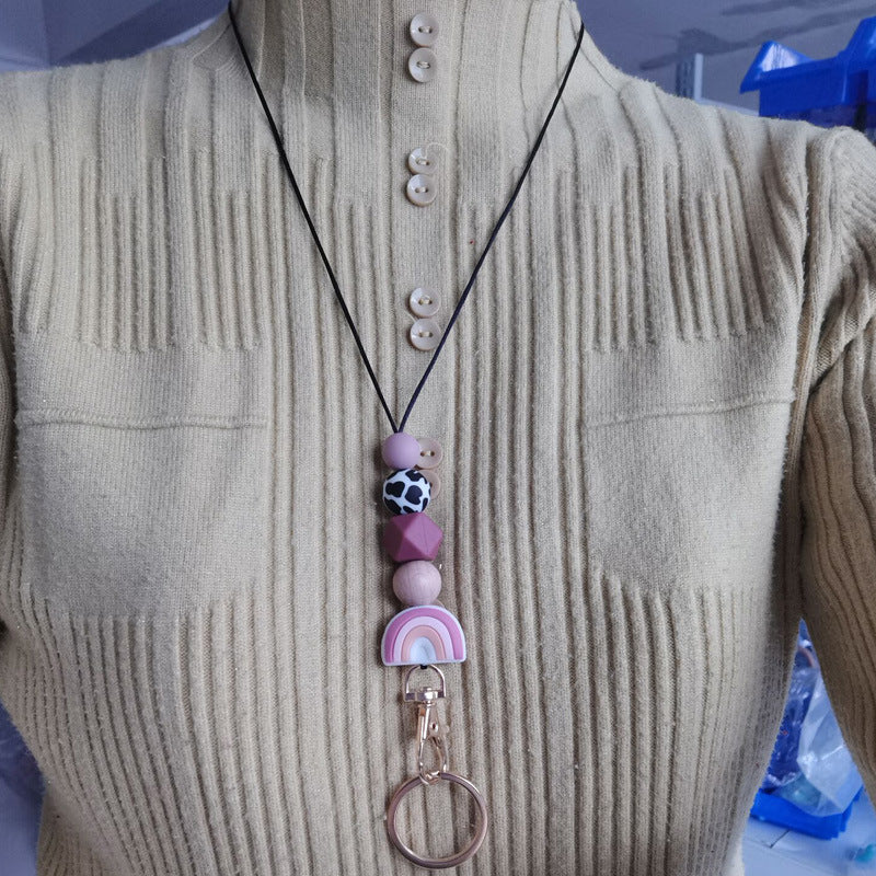 Wholesale Cartoon Rainbow Silicone Bead Hanging Rope Identification Necklace Keychain